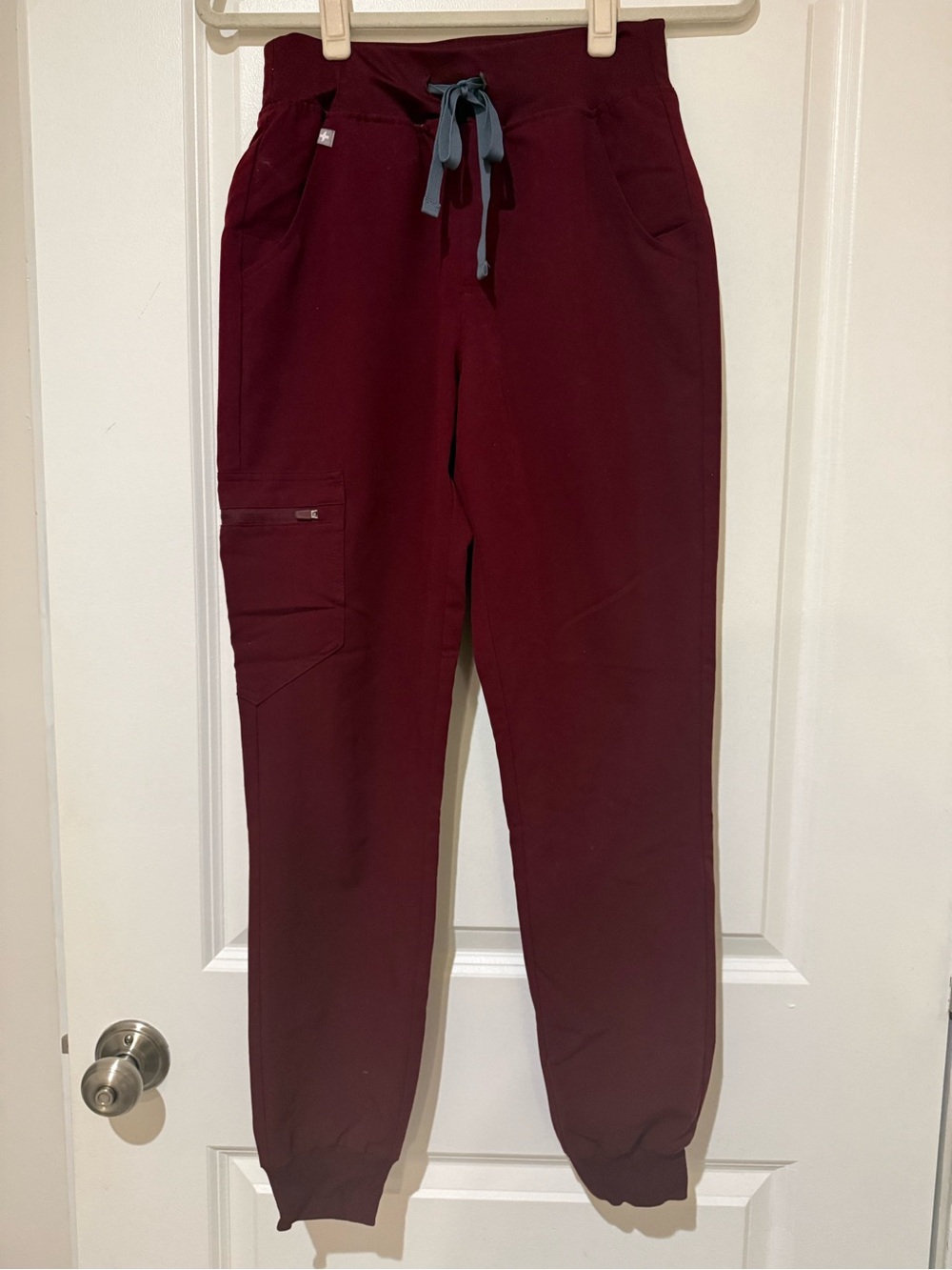 Figs Women's High-Rise Zamora Jogger Scrub Pant in Burgundy with Gray Drawstring